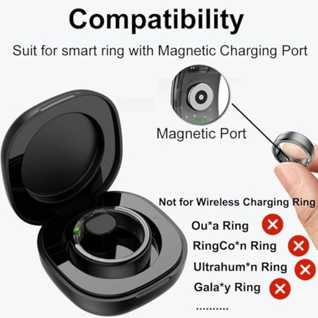 Black charging case with magnetic port shown in compatibility-style layout