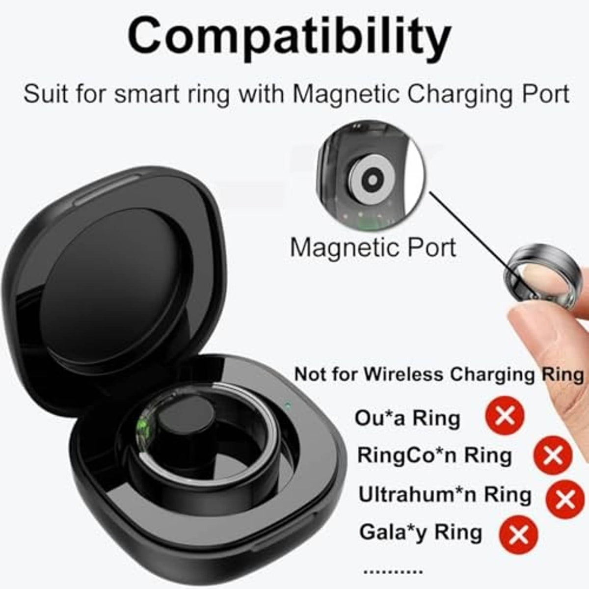 Black charging case with magnetic port shown in compatibility-style layout