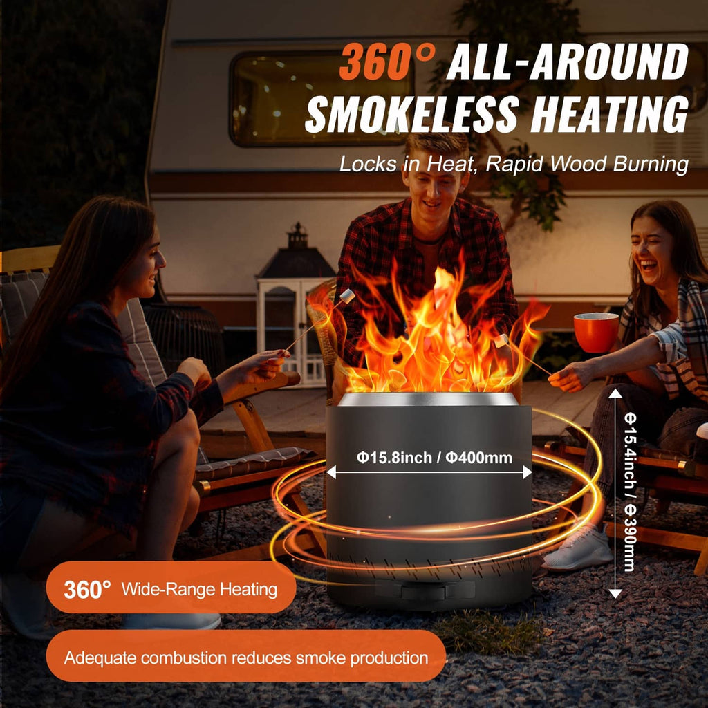Black fire pit stove with open top and visible flames inside