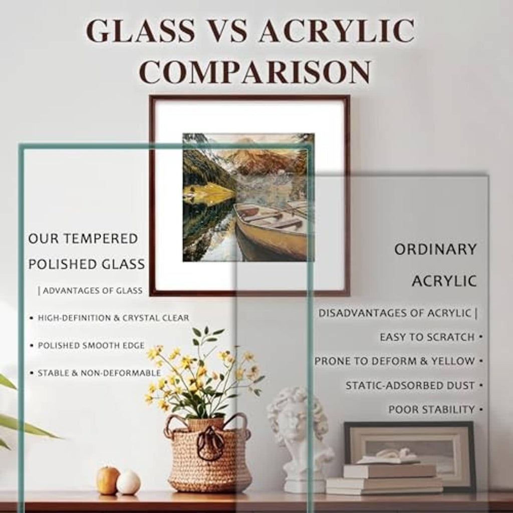 Walnut 4x6 photo frame highlighting tempered glass versus acrylic panel.