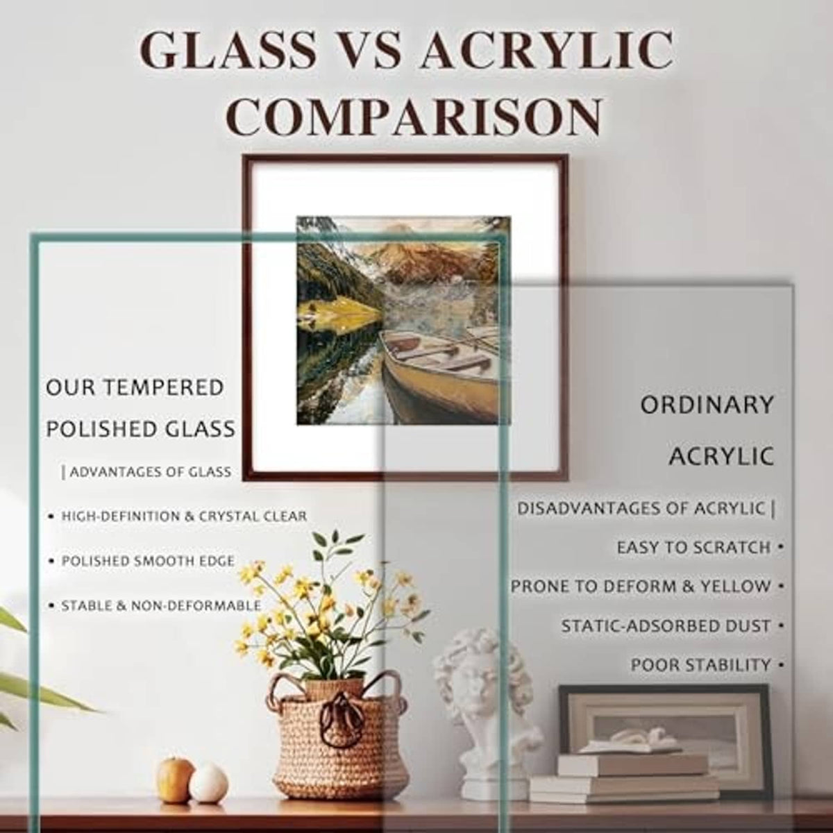 Walnut 4x6 photo frame highlighting tempered glass versus acrylic panel.