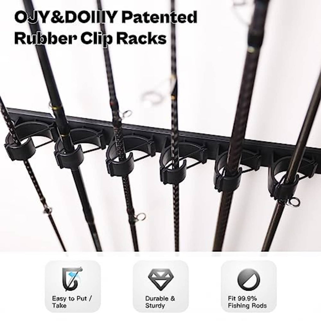 Close-up of black rubber clip holders securing fishing rods on a wall rack