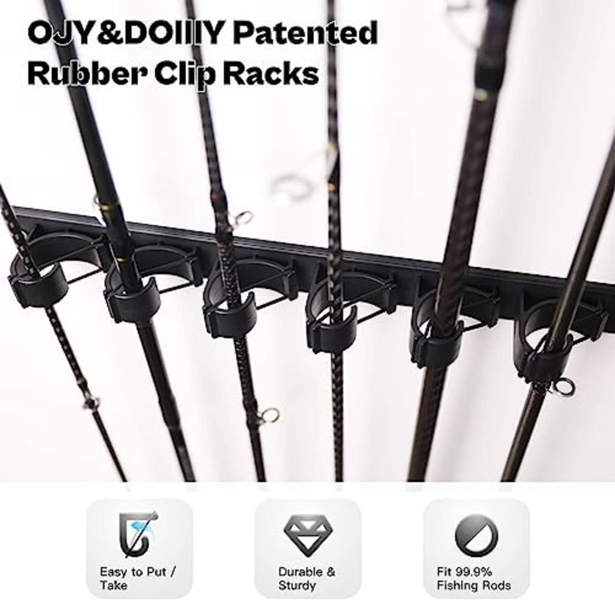 Close-up of black rubber clip holders securing fishing rods on a wall rack