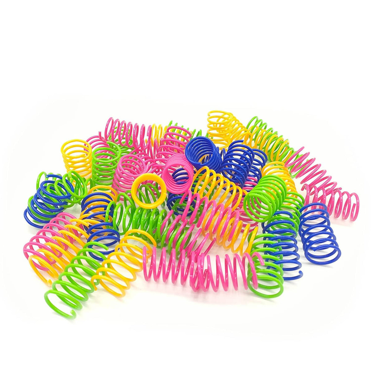 Assorted colorful plastic coiled cat spring toys, mixed pink green blue yellow