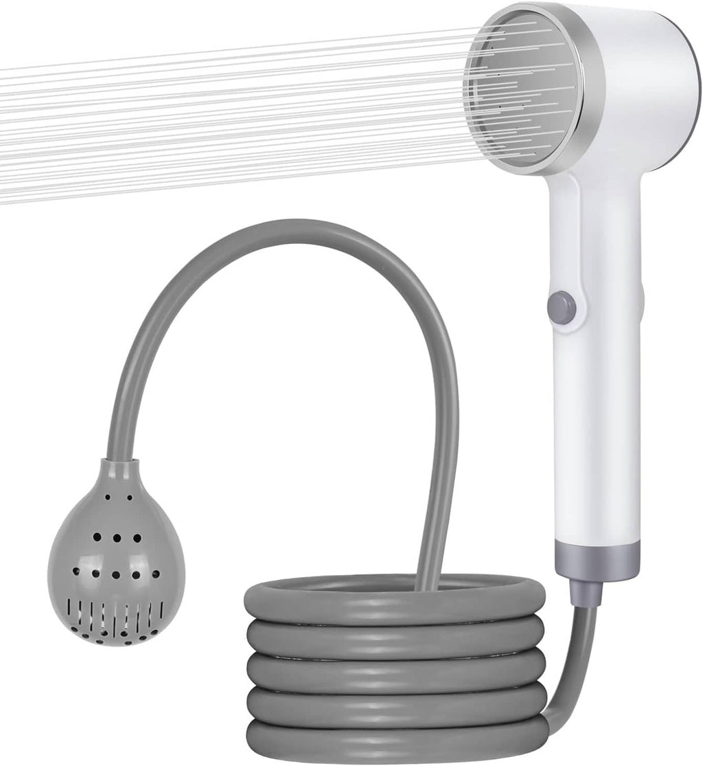 Portable outdoor shower pump with handheld spray head and grey coiled silicone hose