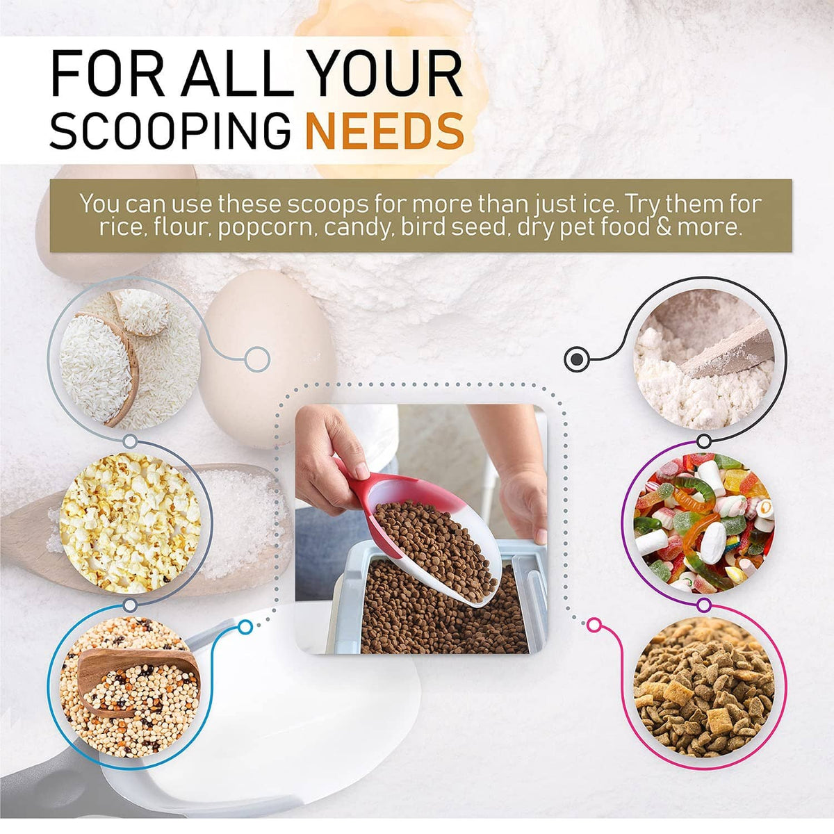 Red ice scoop scooping dry ingredients from a container for various uses