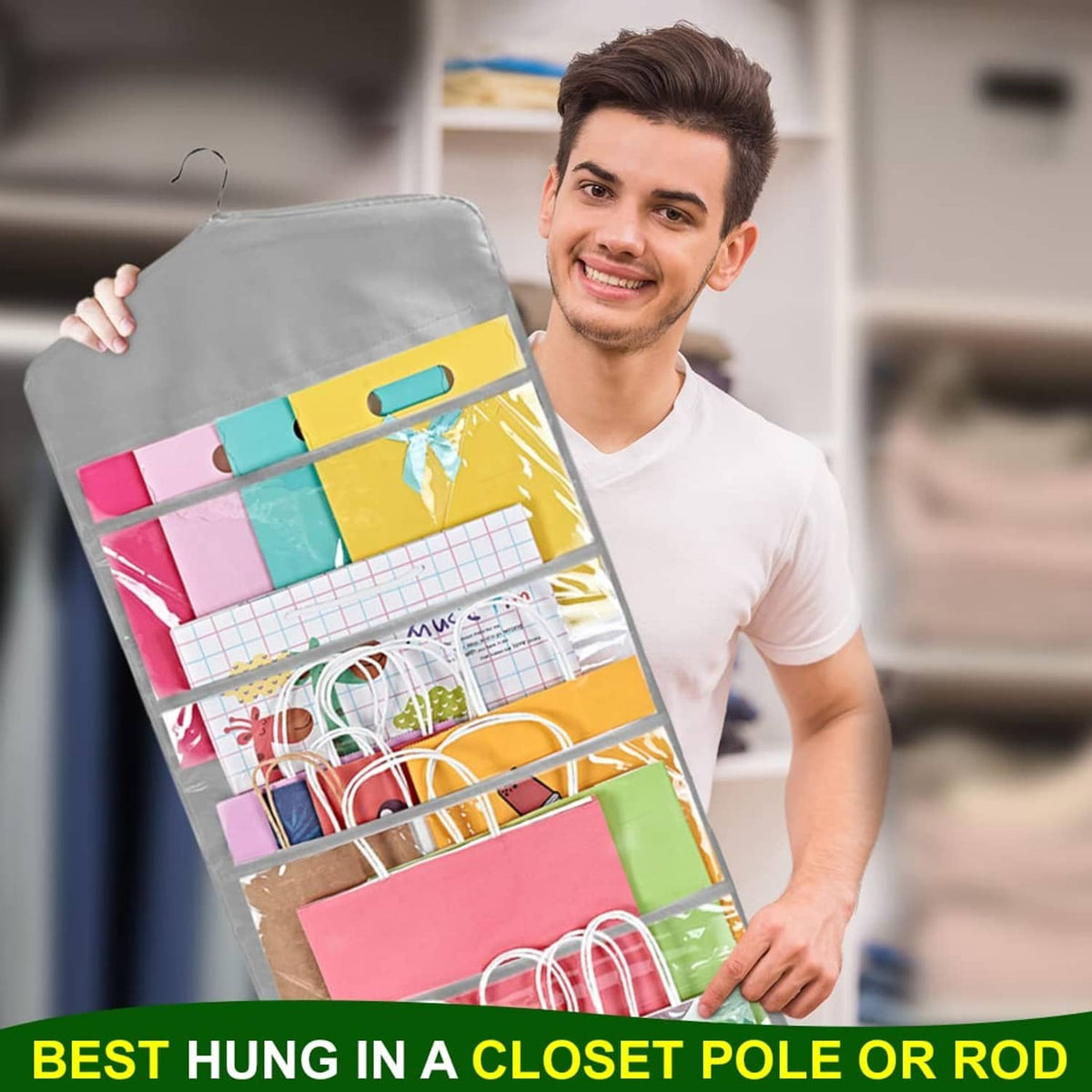 Gray hanging double-sided organizer holding gift bags, showing clear pocket compartments.