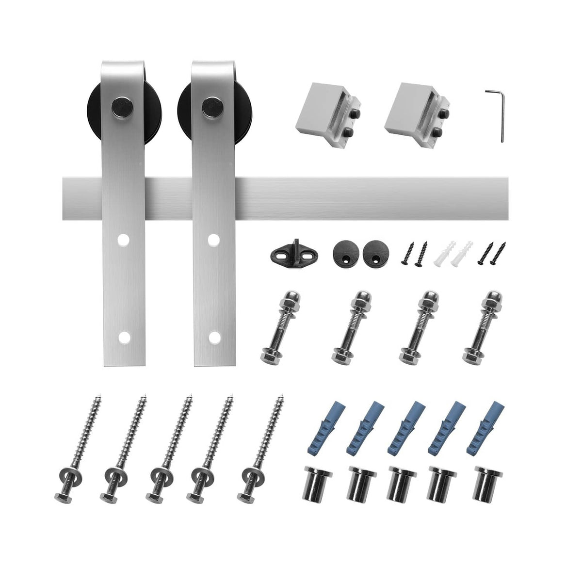 Silver sliding barn door hardware kit: metal rail, brackets, rollers, screws and anchors