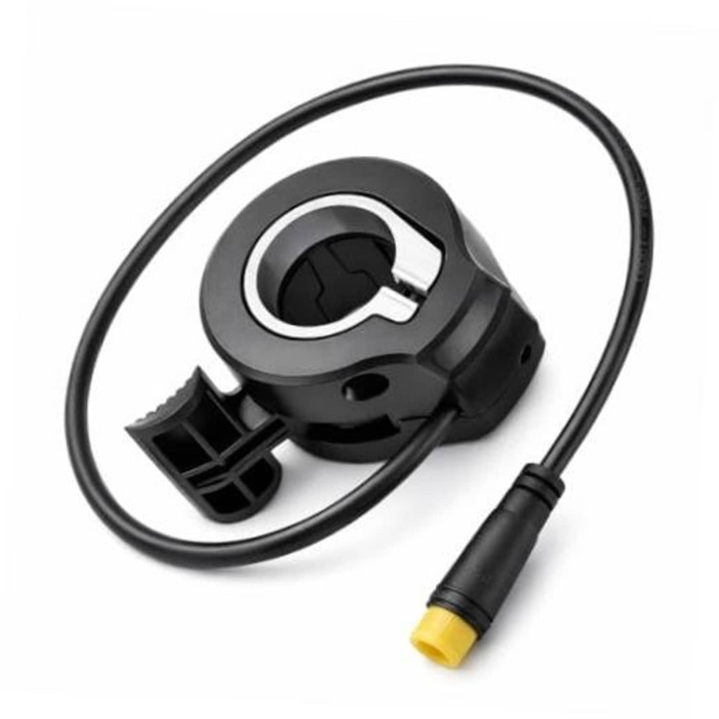 Electric thumb throttle accelerator with black control housing and yellow connector tip