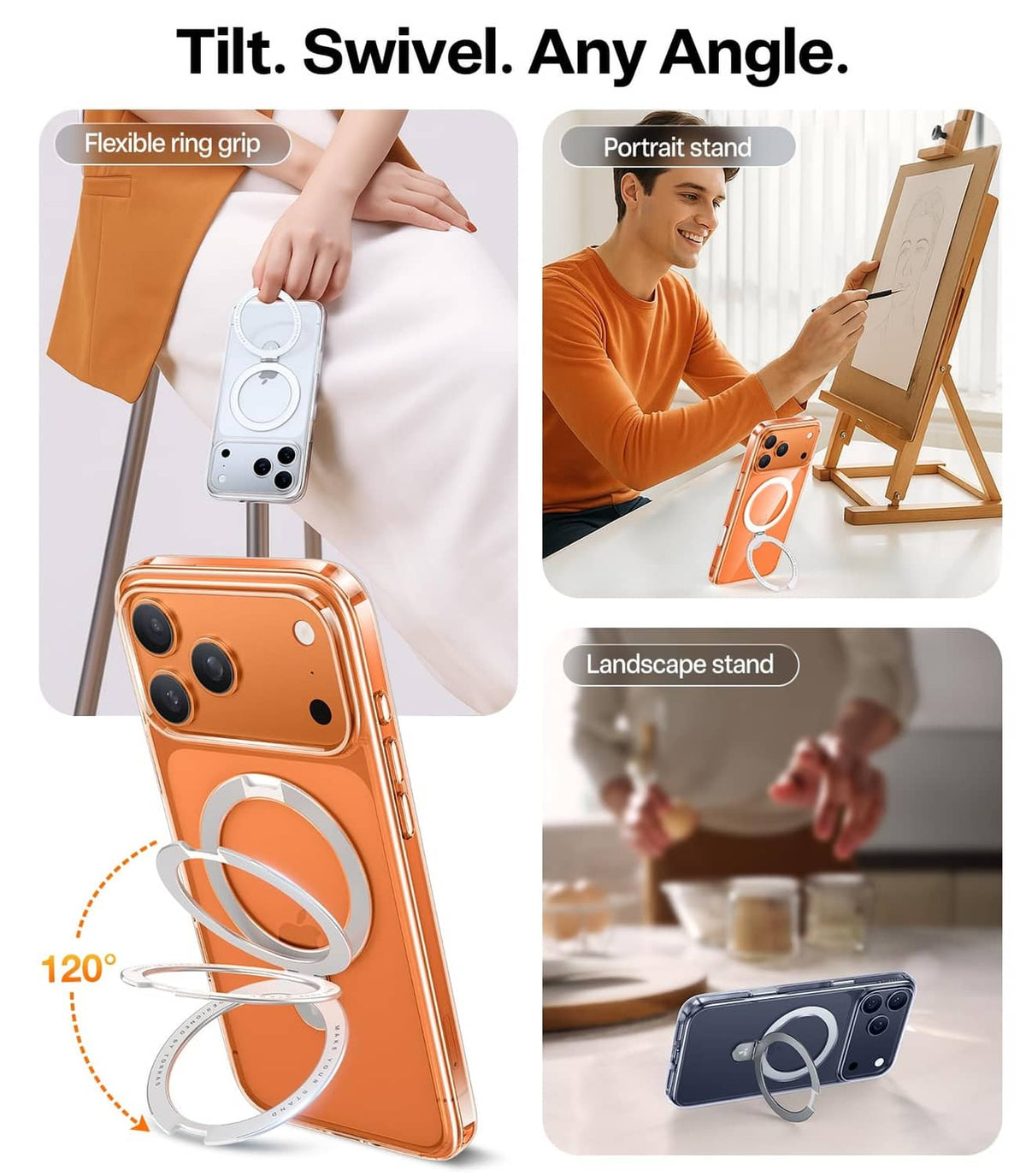 iPhone case with magnetic ring stand that tilts and swivels for portrait and landscape