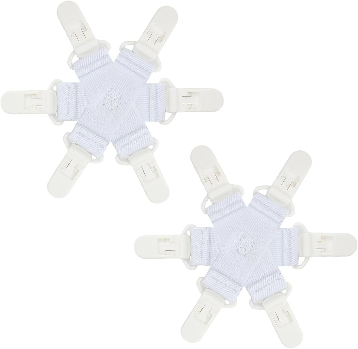 Bed sheet detangler with 6 clips, light blue elastic straps with white plastic buckles