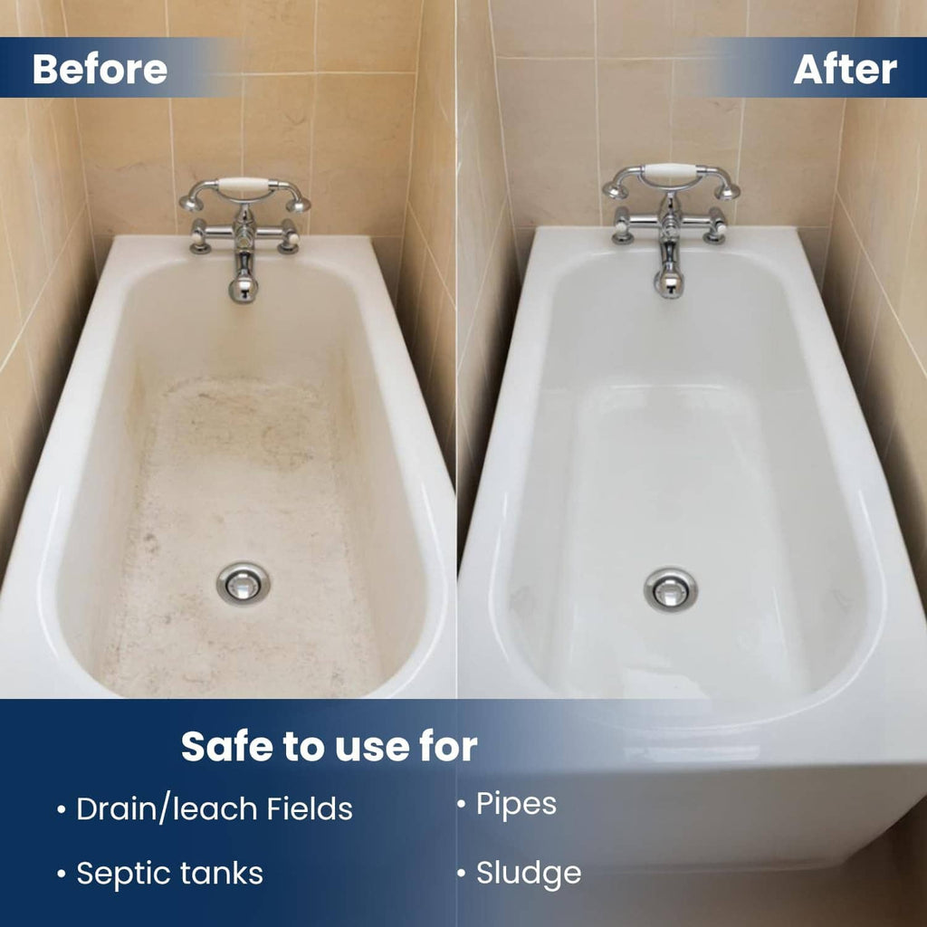 Before-and-after toilet cleaning infographic labeled Safe to use for drain/leach fields