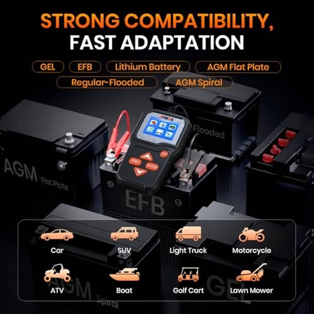 Battery tester with multiple battery type icons and orange clamp leads