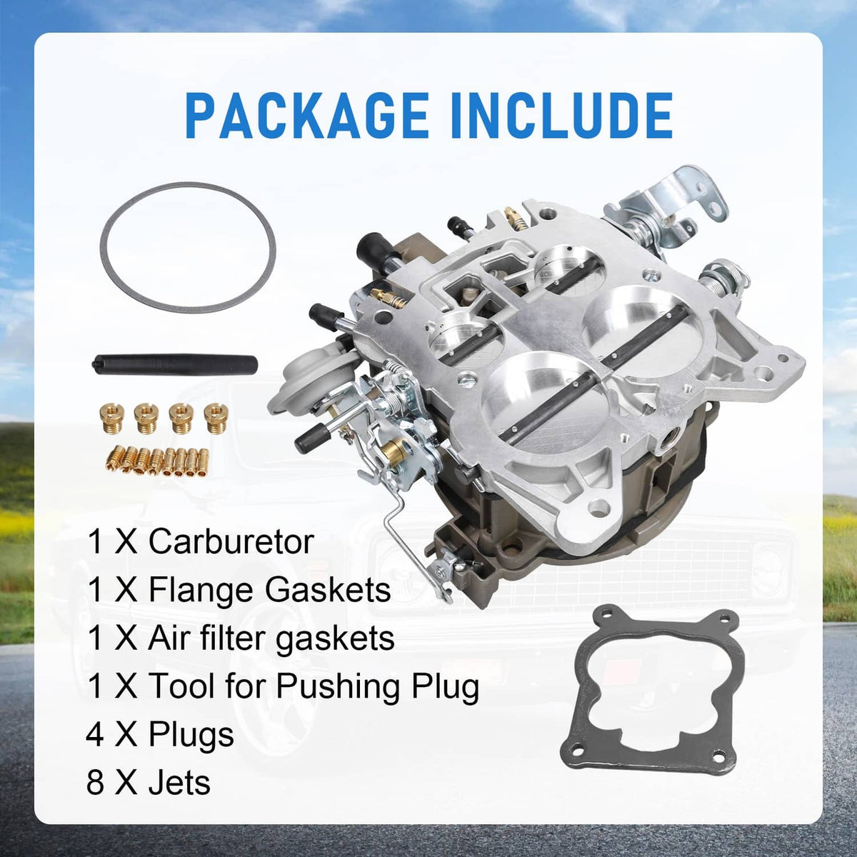 Carburetor package with flange gaskets, air filter gaskets, plugs, and jets