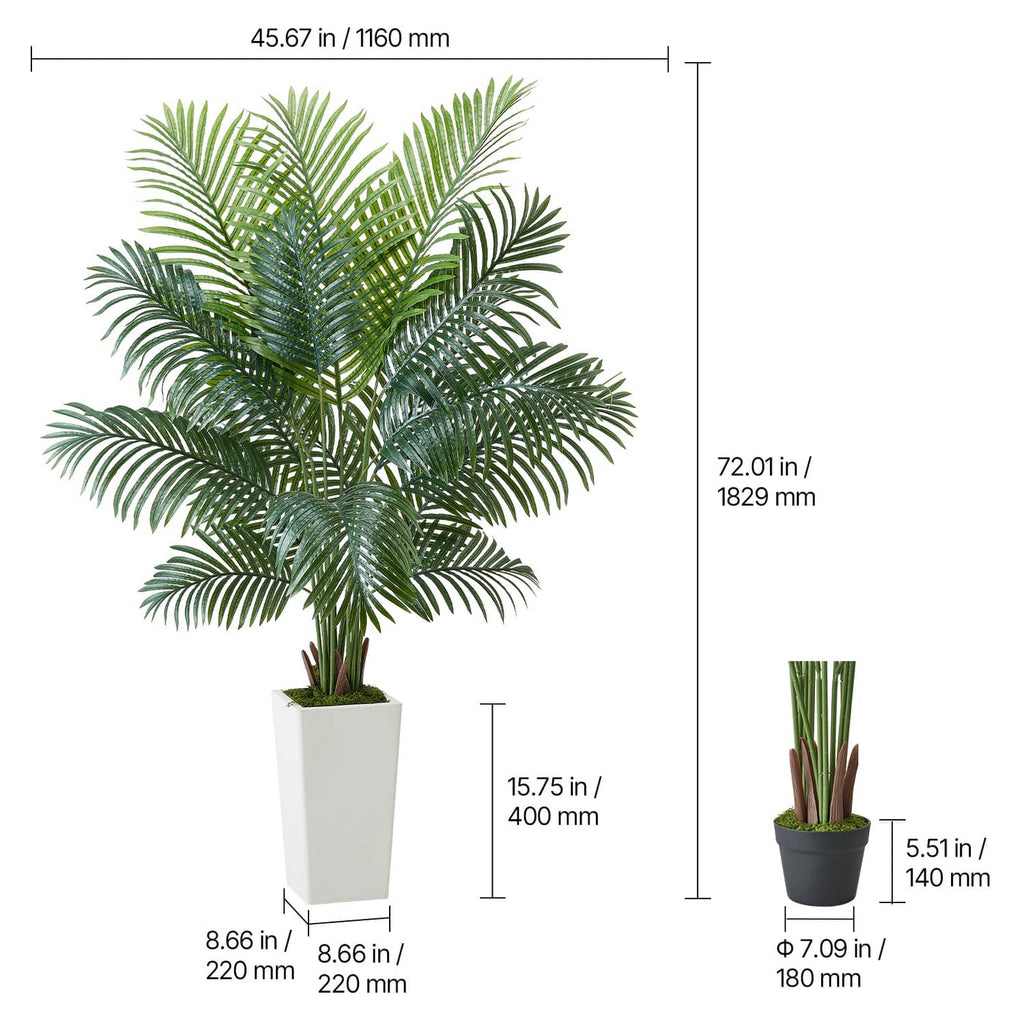 Artificial areca palm tree in a white pot shown with dimensions for indoor decor