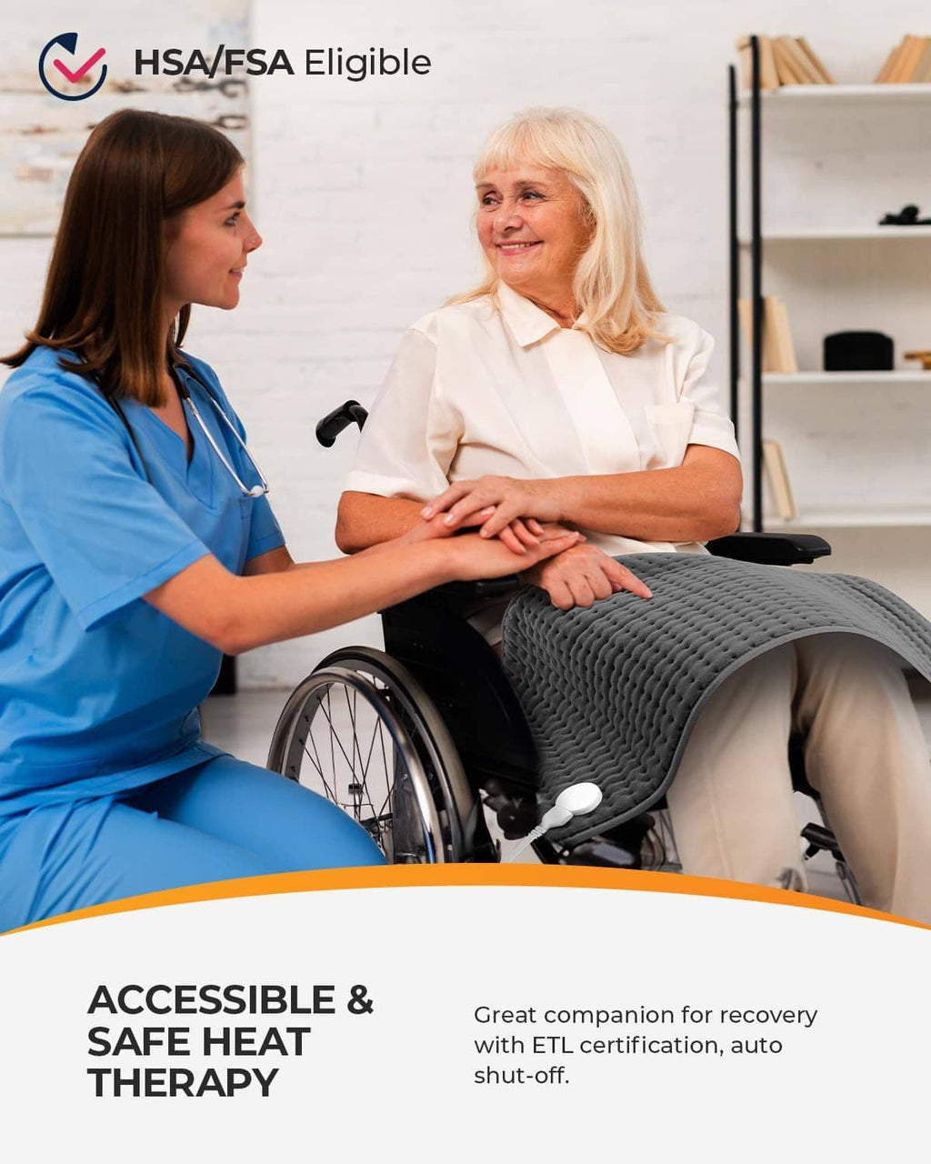 Gray heating pad used on a person’s lap with a caregiver nearby.
