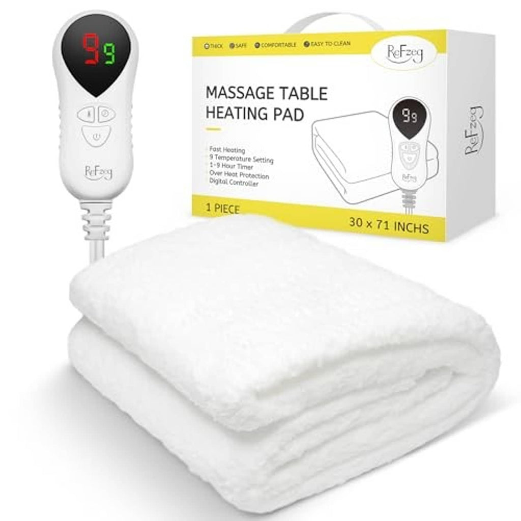 Massage table heating pad set with digital controller and folded white warming pad