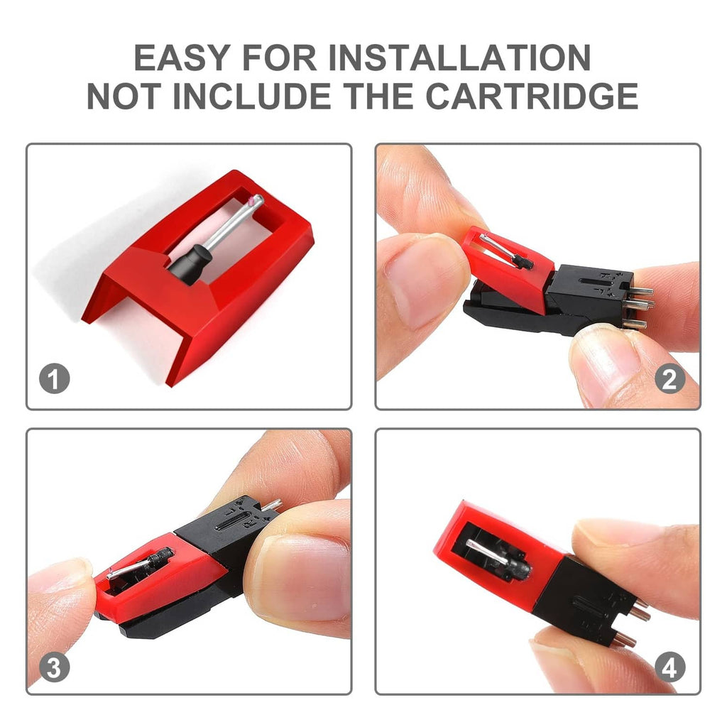 Red record player needle set for easy installation, showing cartridge and stylus