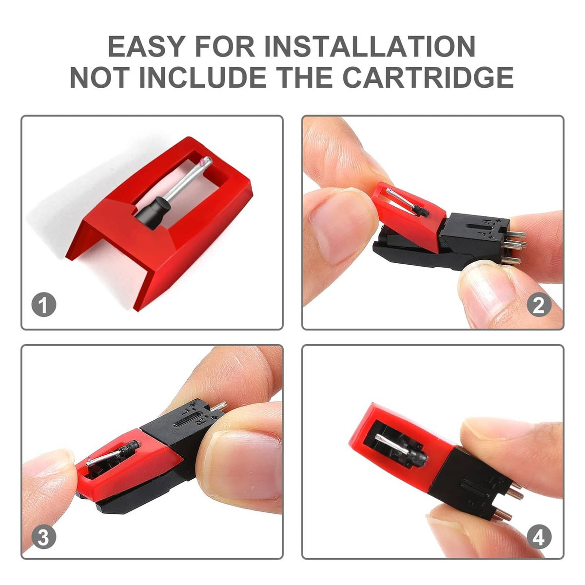 Red record player needle set for easy installation, showing cartridge and stylus