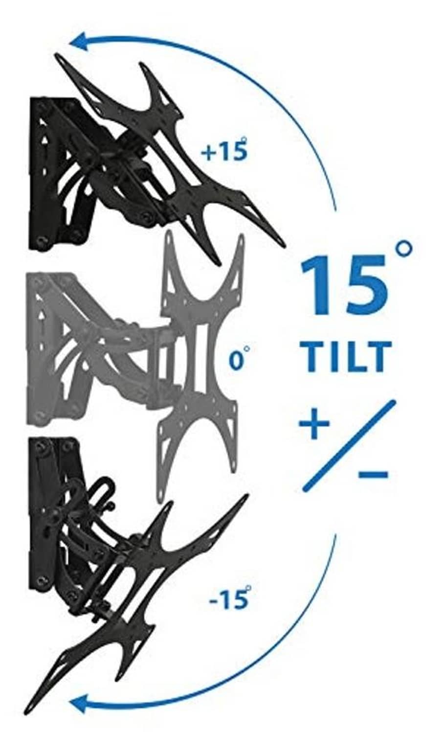 TV mount tilt range diagram showing 15° up and 15° down