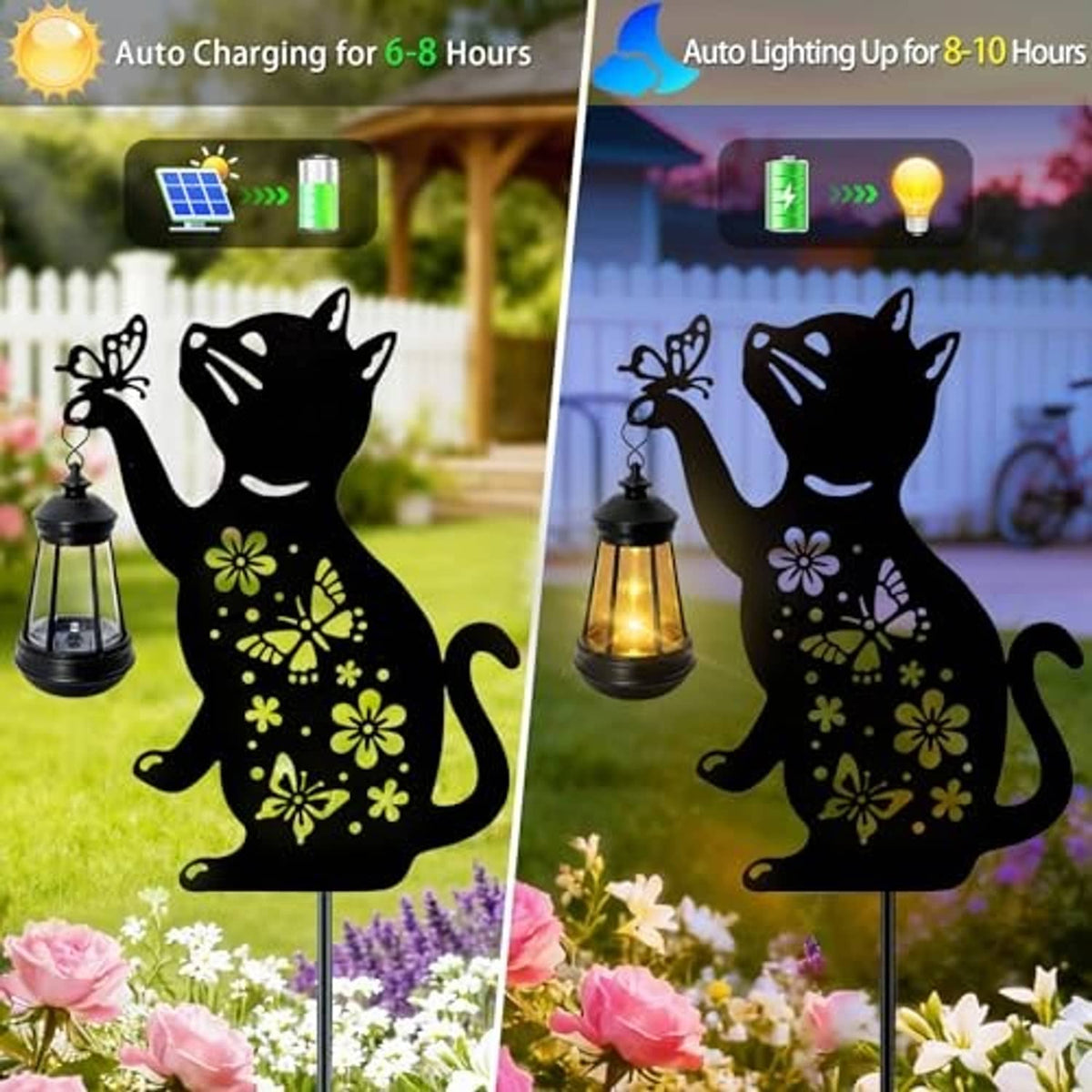 Black cat solar lantern with hanging glass globe, glowing warm light