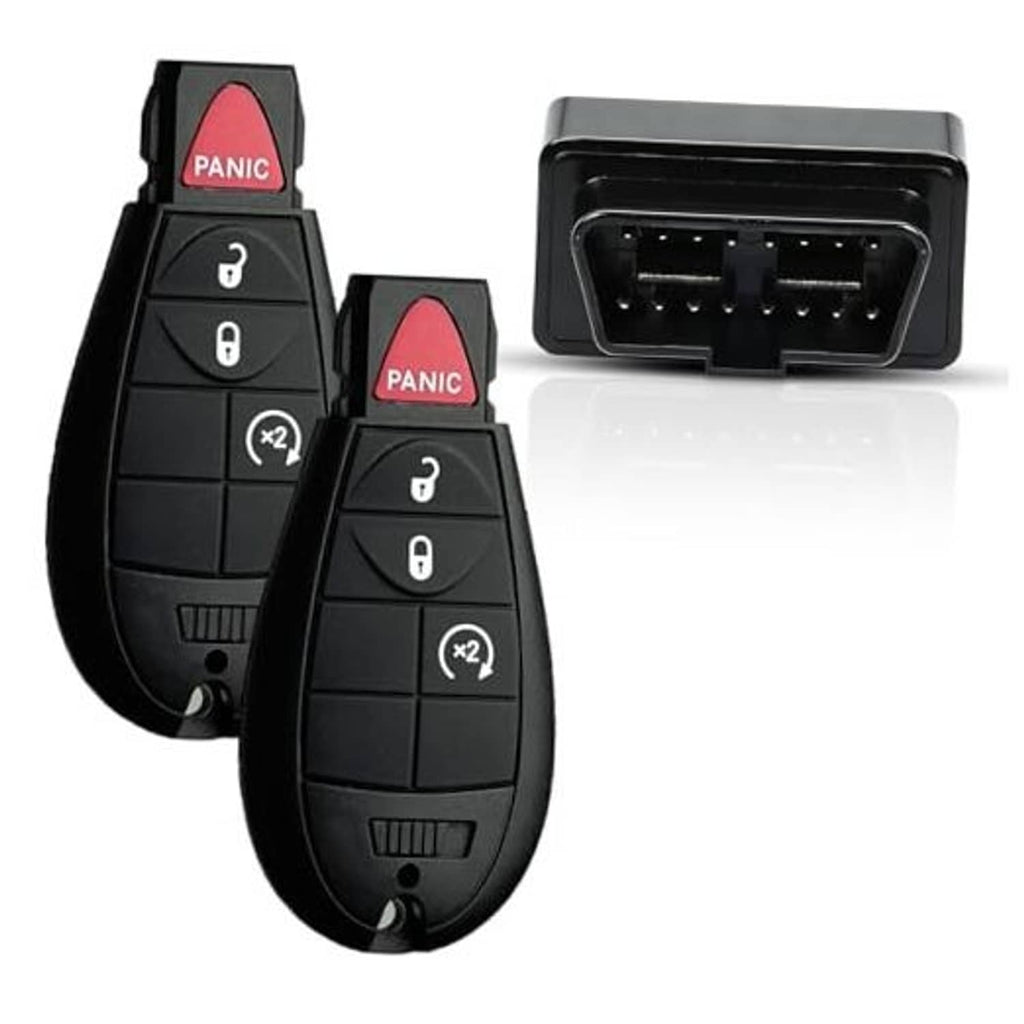 Black remote key fobs with red PANIC button and keyless entry functions, plus connector module