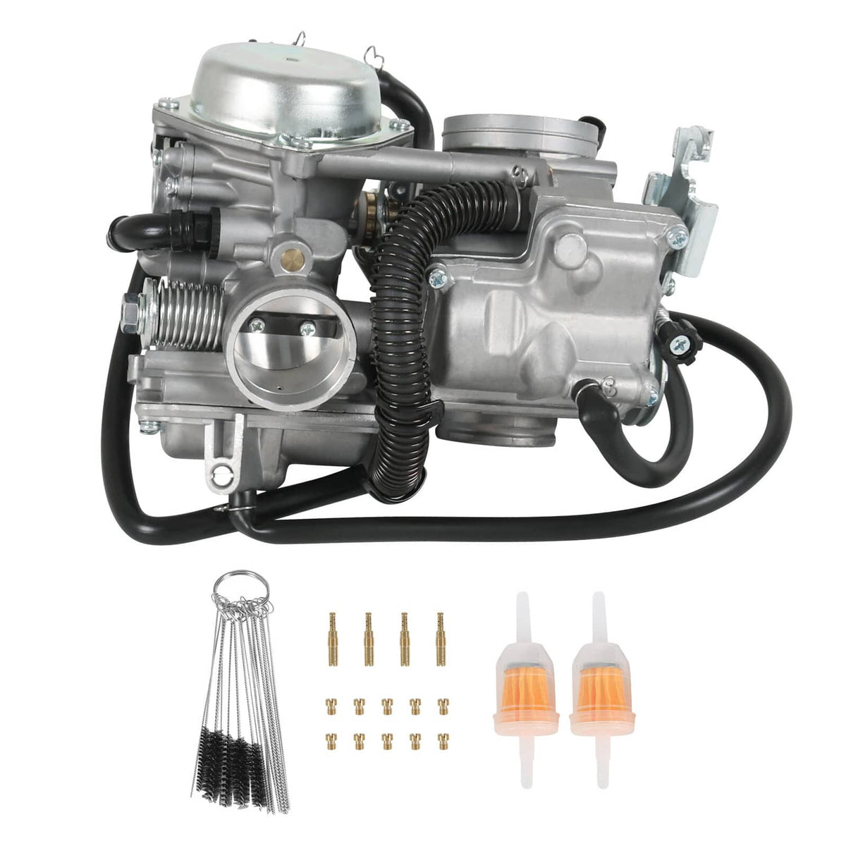 Carburetor assembly with throttle body, hoses, jets, and fuel filter kit