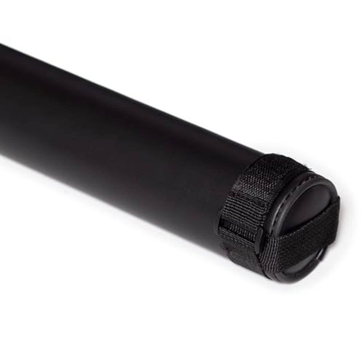 Black cue case end cap with textured strap panel and stitched rim