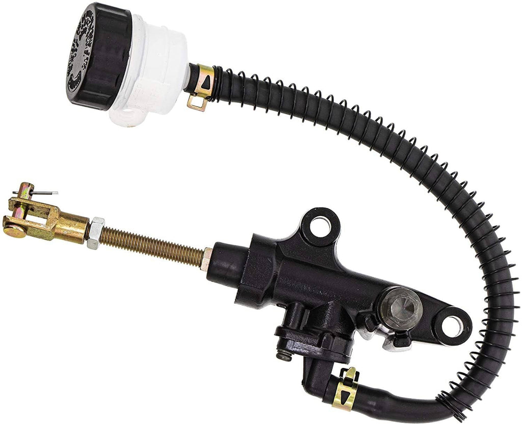 Rear master cylinder with black hose and mounting bracket, plus brake line fittings