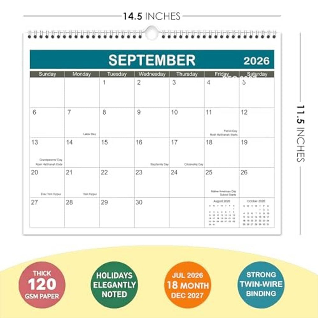Spiral wall calendar page with September 2026 date grid and deep teal header; 14.5 inches.