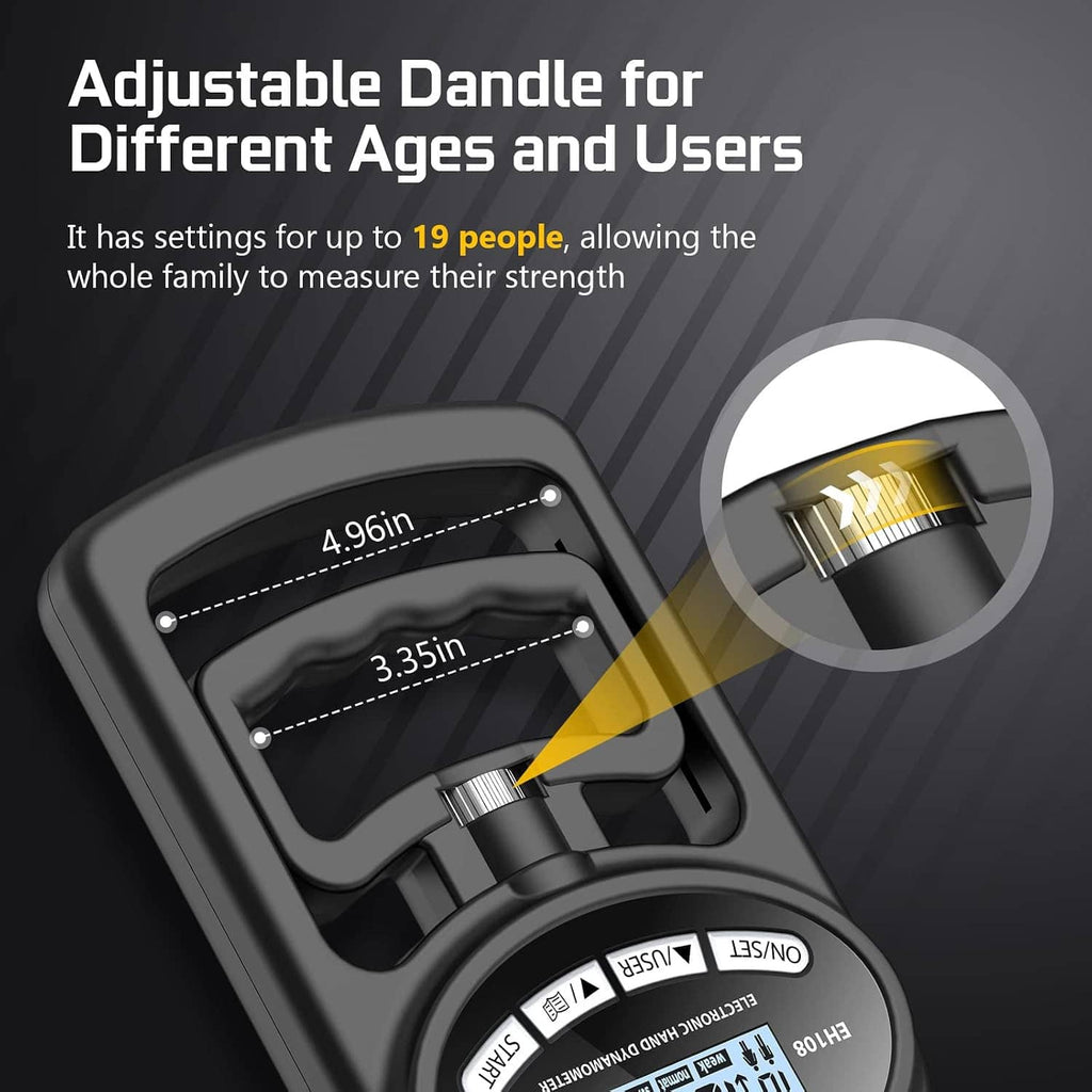 Black adjustable hand grip dynamometer with range-setting dial and measurement marks.