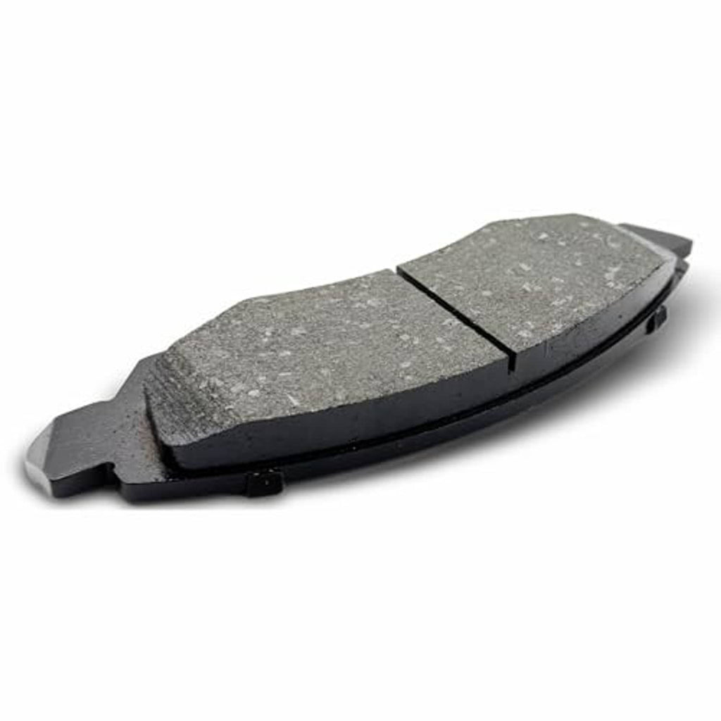 Ceramic brake pad, two-piece friction face with center seam and mounting tabs