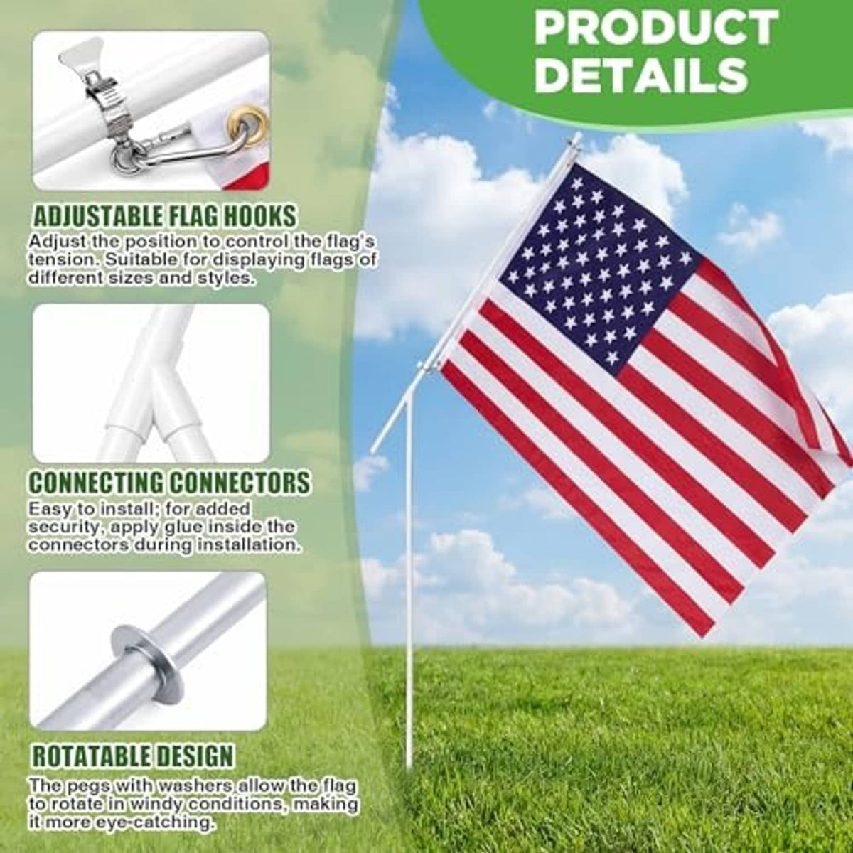 Flag pole kit hardware: adjustable hooks, connecting connectors, and rotatable pole design