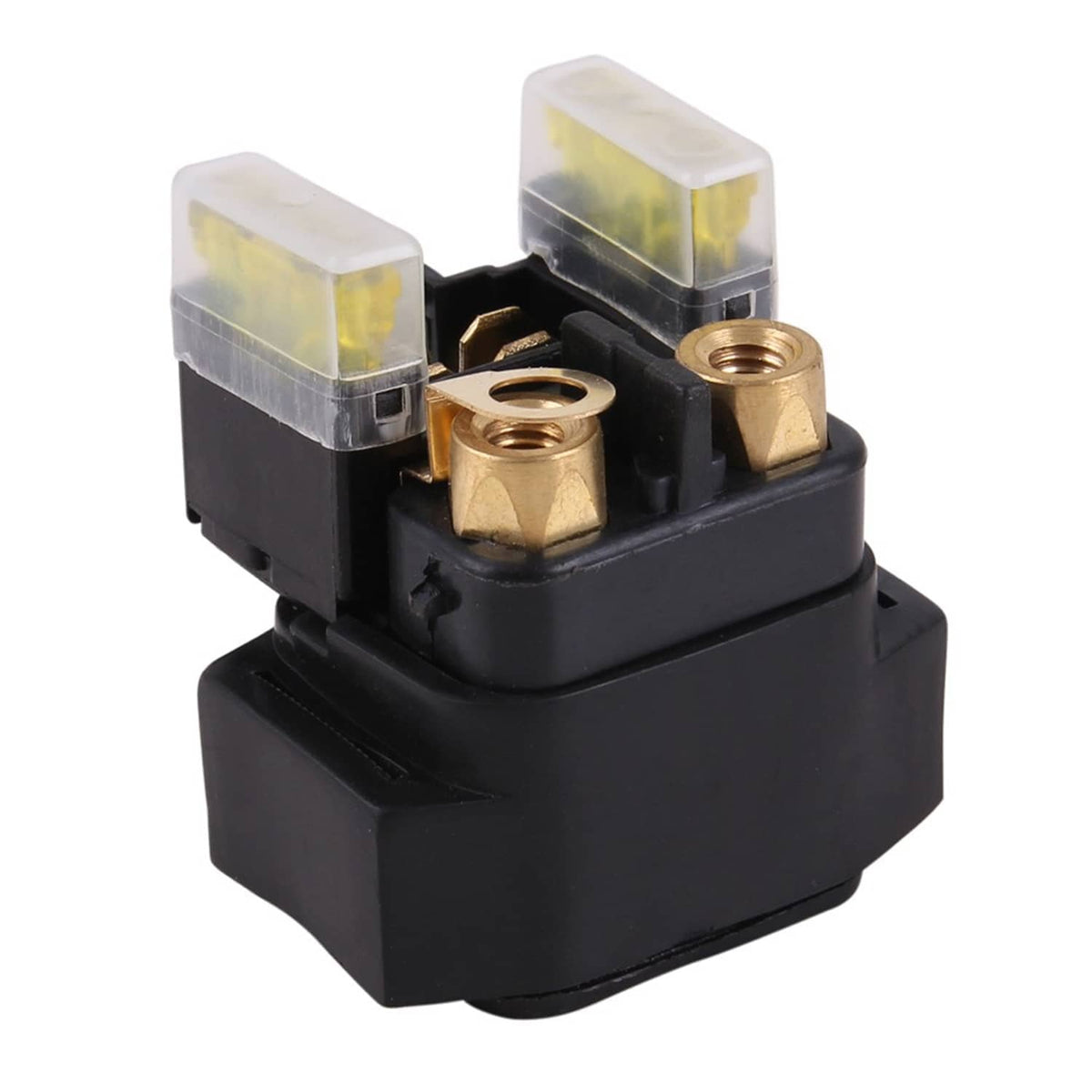 Starter solenoid relay, black base with clear yellowish fuse caps and brass posts