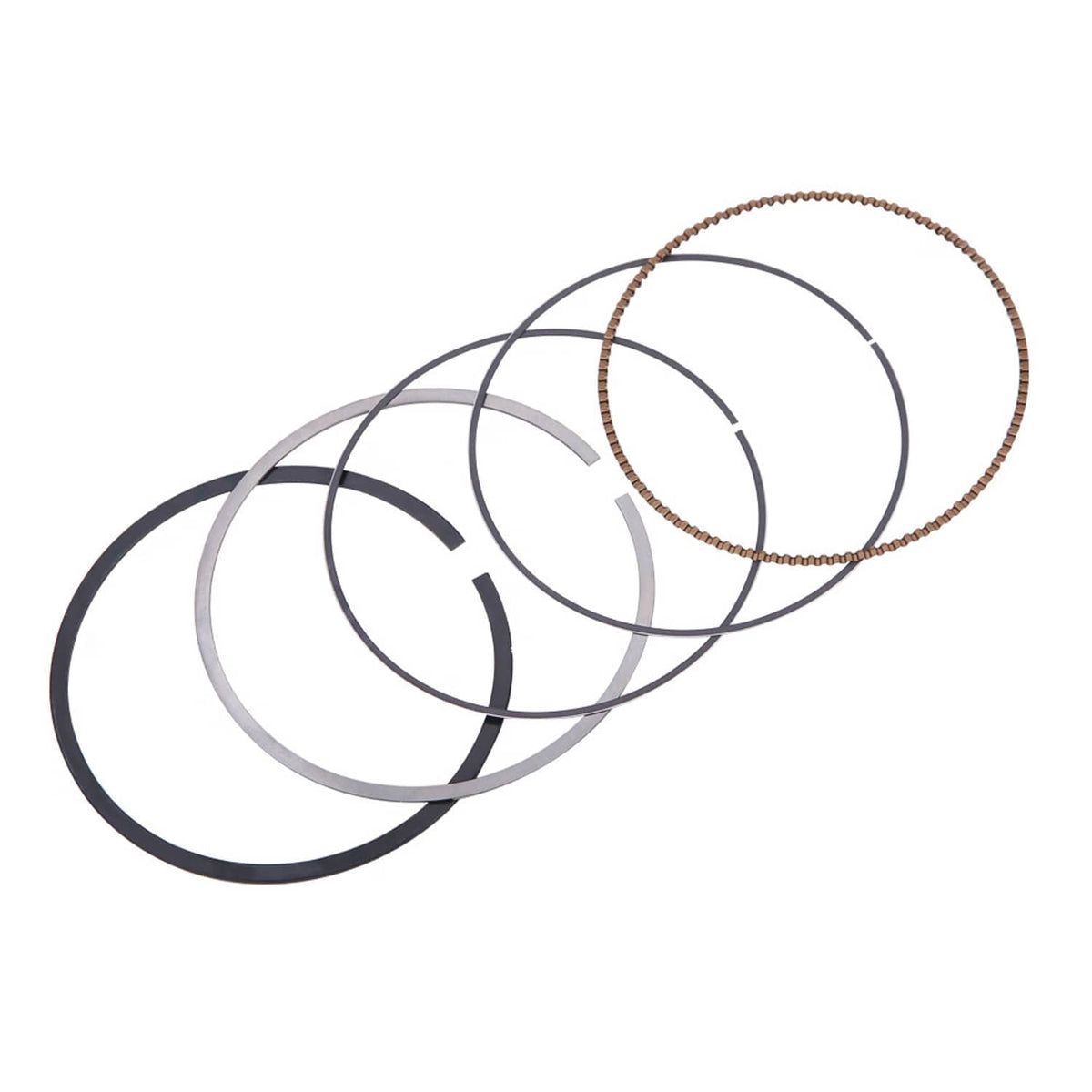 Piston ring set with multiple metal rings, including one copper-colored ring