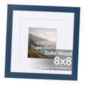 Navy 8x8 solid wood picture frame with white mat and landscape photo insert
