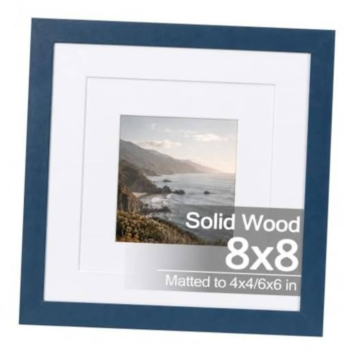 Navy 8x8 solid wood picture frame with white mat and landscape photo insert