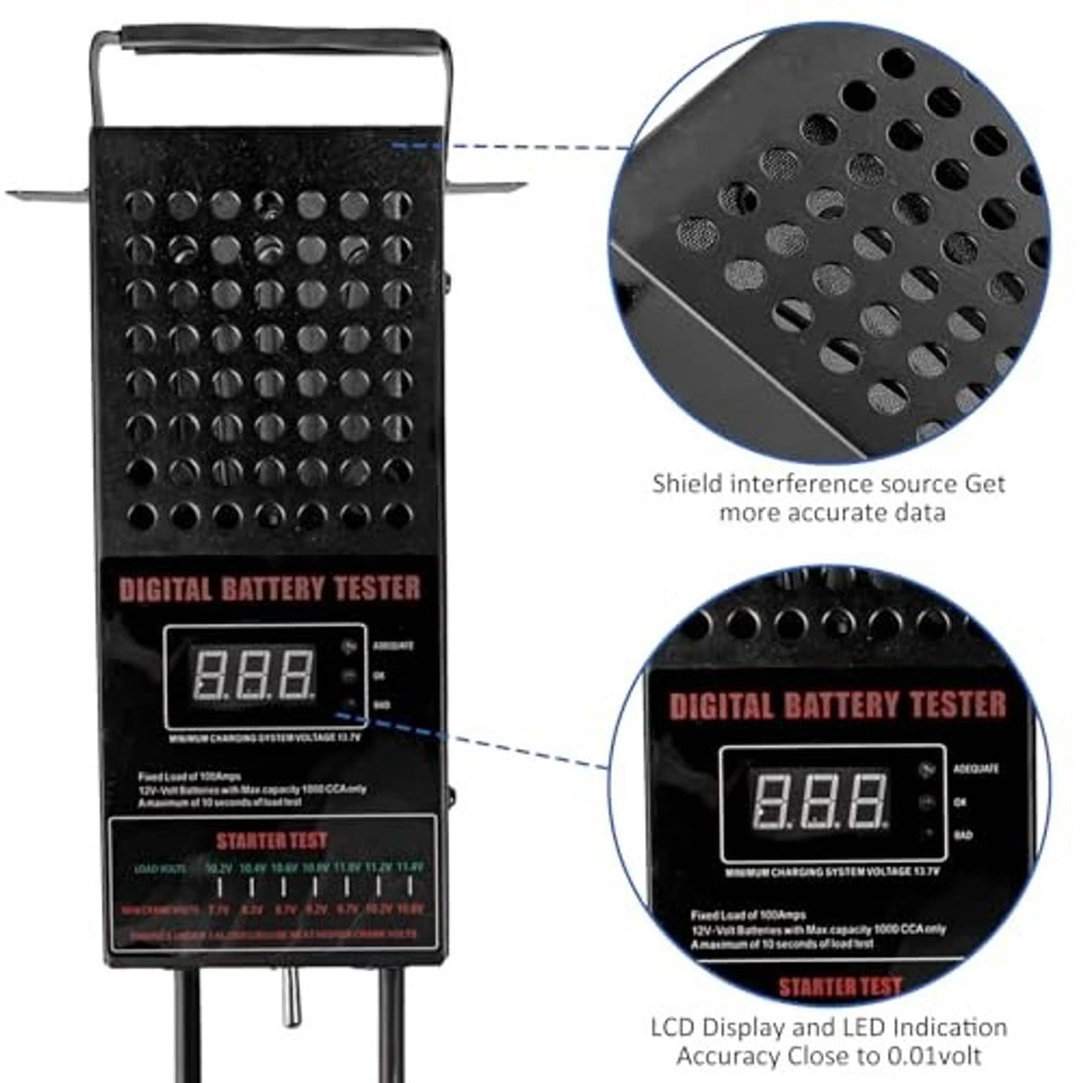 Digital battery tester showing LCD close-up and perforated back panel
