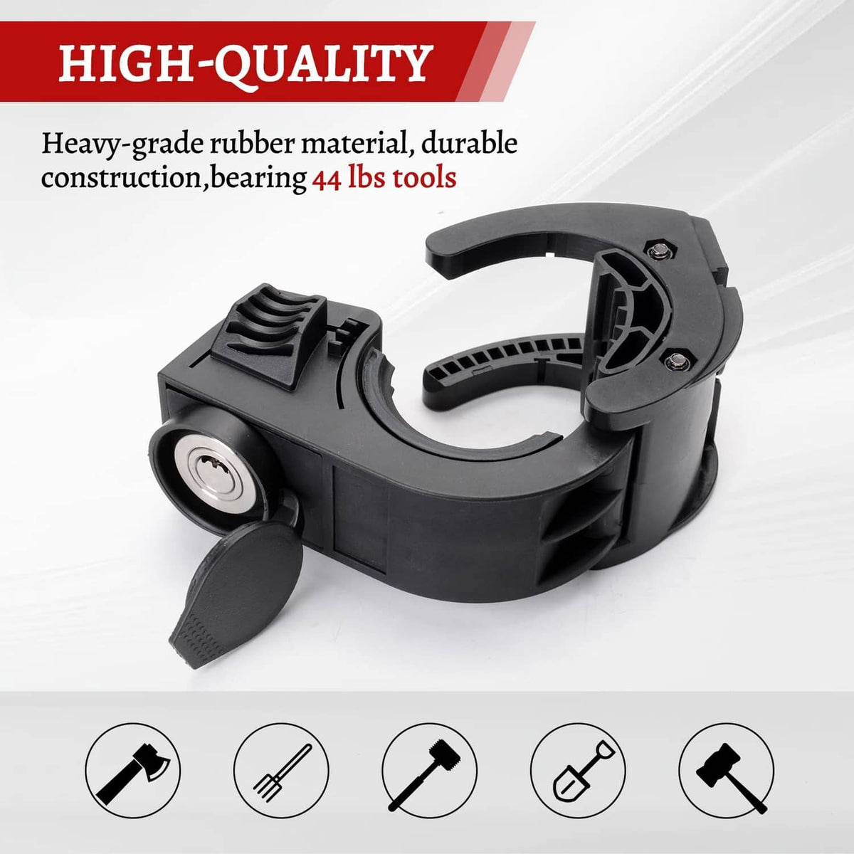 Black shovel holder rubber grip mount clamp with lock and mounting base