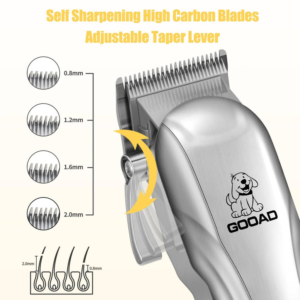 Gooad dog clipper with self-sharpening steel blades and adjustable taper lever