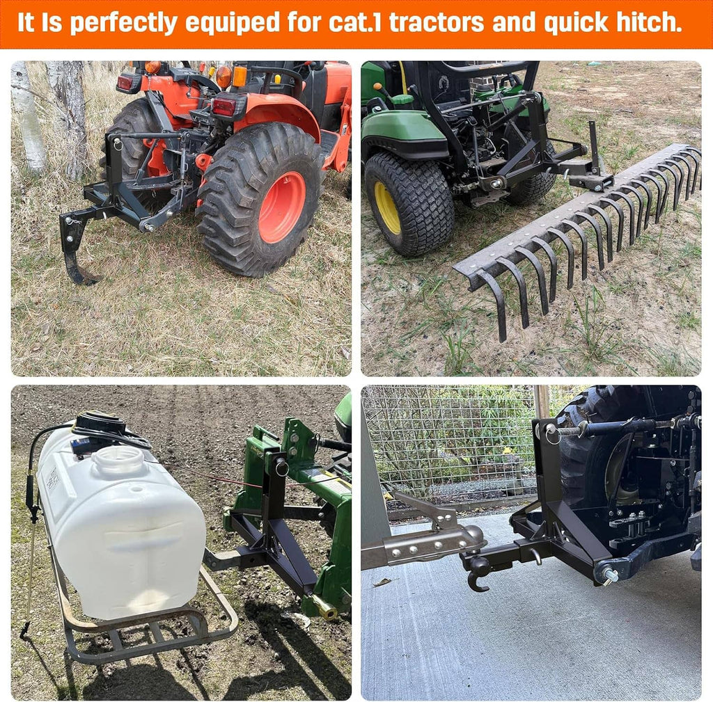 3-point hitch receiver quick hitch setup shown on tractor with mounted implement frame