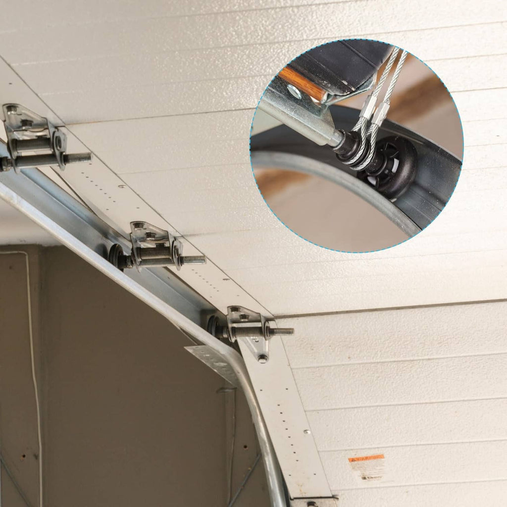 Garage door track rollers installation detail with silver wheel and bearing