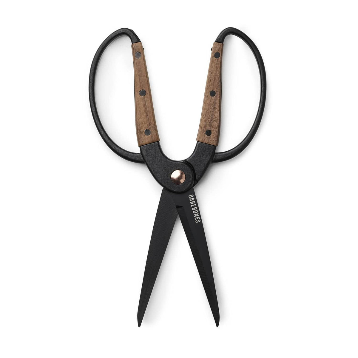 Dual grip garden shears with two loop grips, walnut wood handle scales, and tapered blades