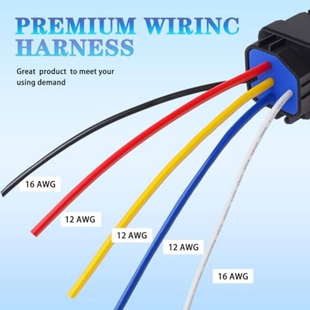 Relay wiring harness with mixed-gauge leads (12AWG and 16AWG) in colored jacket