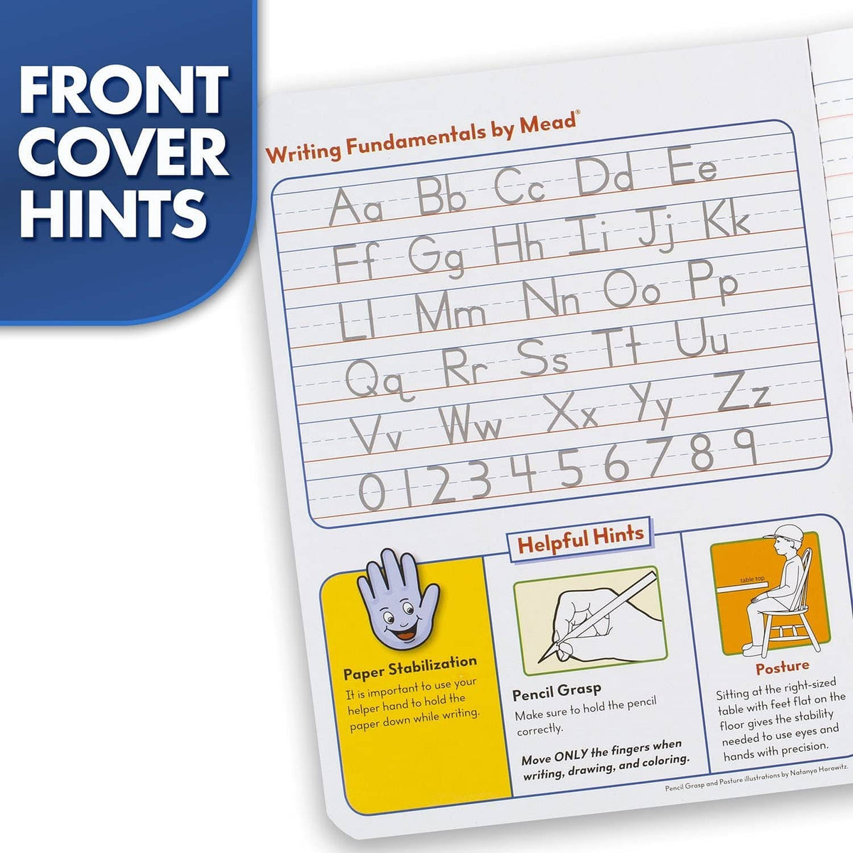 Inside cover with alphabet writing practice chart and posture writing hints