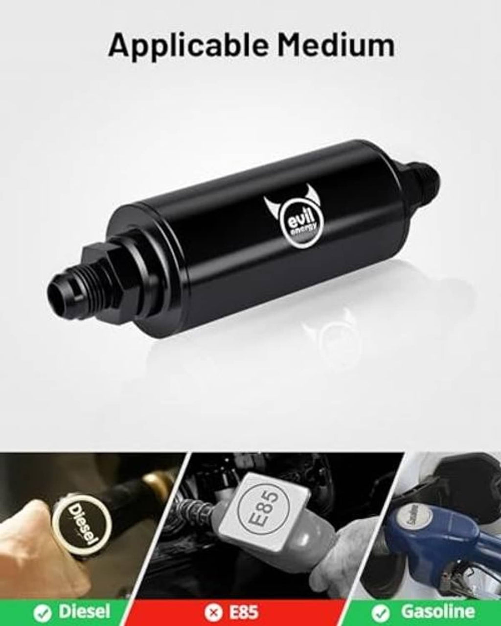 Black inline fuel filter with 'evil' logo and two threaded ports for fuel lines