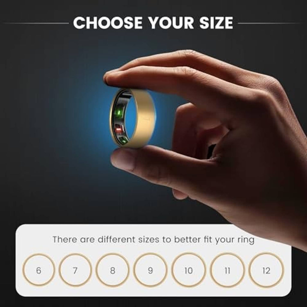 Gold ring cover on hand with size selection guide circles for ring sizes