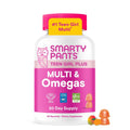 Pink teen multivitamin supplement bottle with purple cap and Omega gummies graphic.