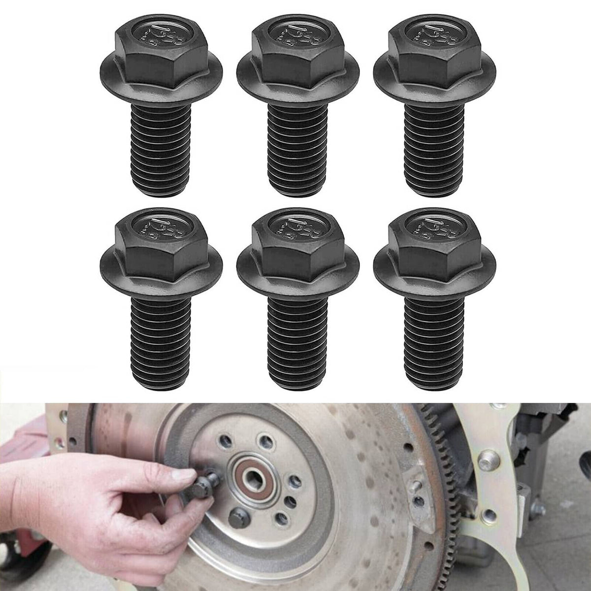 Set of black hex-head flexplate bolts with long threaded shafts