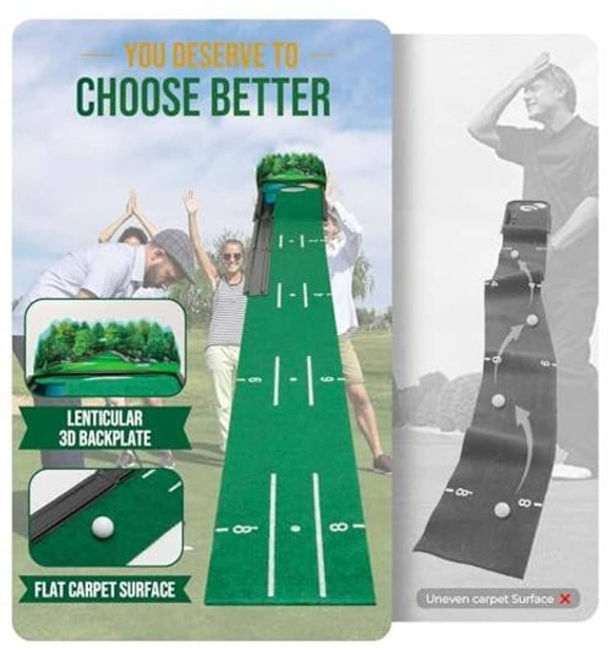 Green golf putting mat showing flat carpet surface and raised edges for ball roll